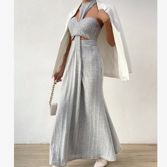 Sexy Sweetheart Cut Out Ribbed Knit Halter Maxi Dress Gray - Picture 4 of 6